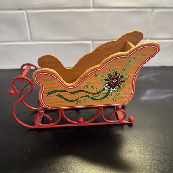Vintage Wooden Christmas Santa Sleigh Red Metal Runner Table Decor 8.5" X 6" - Picture 4 of 9